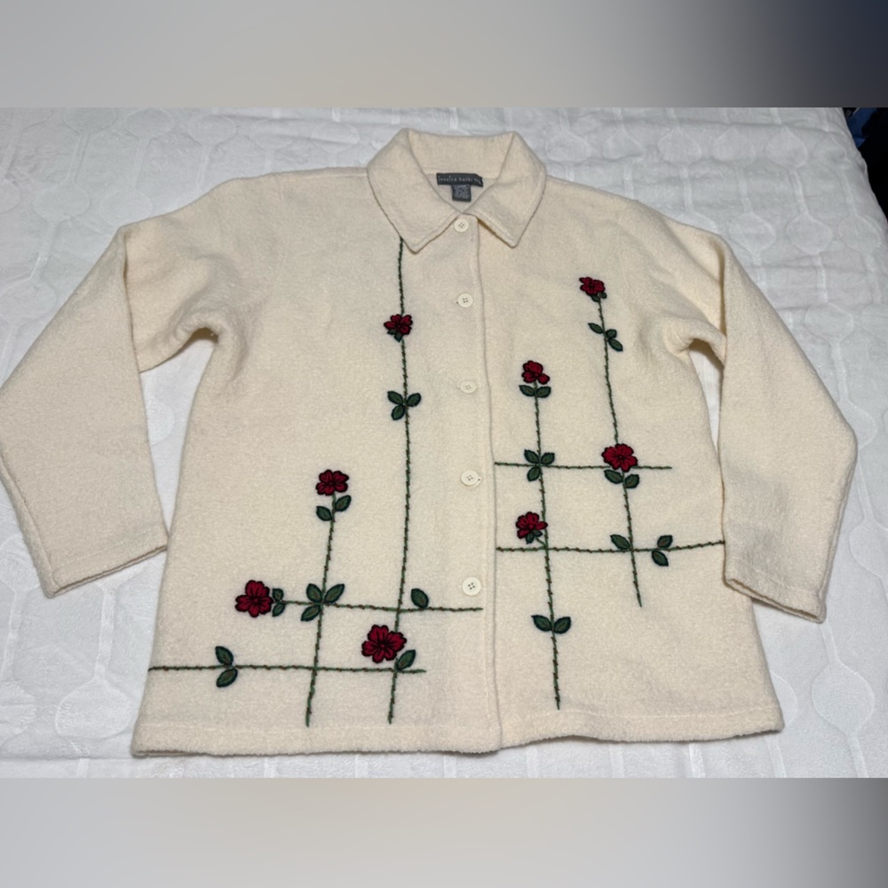 Floral Embroidered Cream Cardigan Button Up 100% Wool by Jessica Holbrook